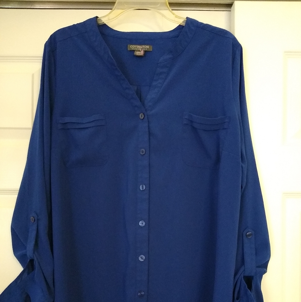 Women's blue button-up blouse